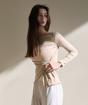 여성 요가복 DEVI-T0124-베이지 필라테스 더블버튼 랩 롱슬리브