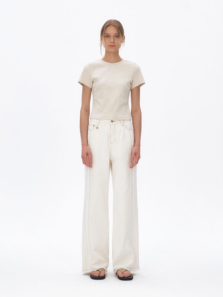 Semi-Cropped Cotton T-shirt, Melange Oatmeal