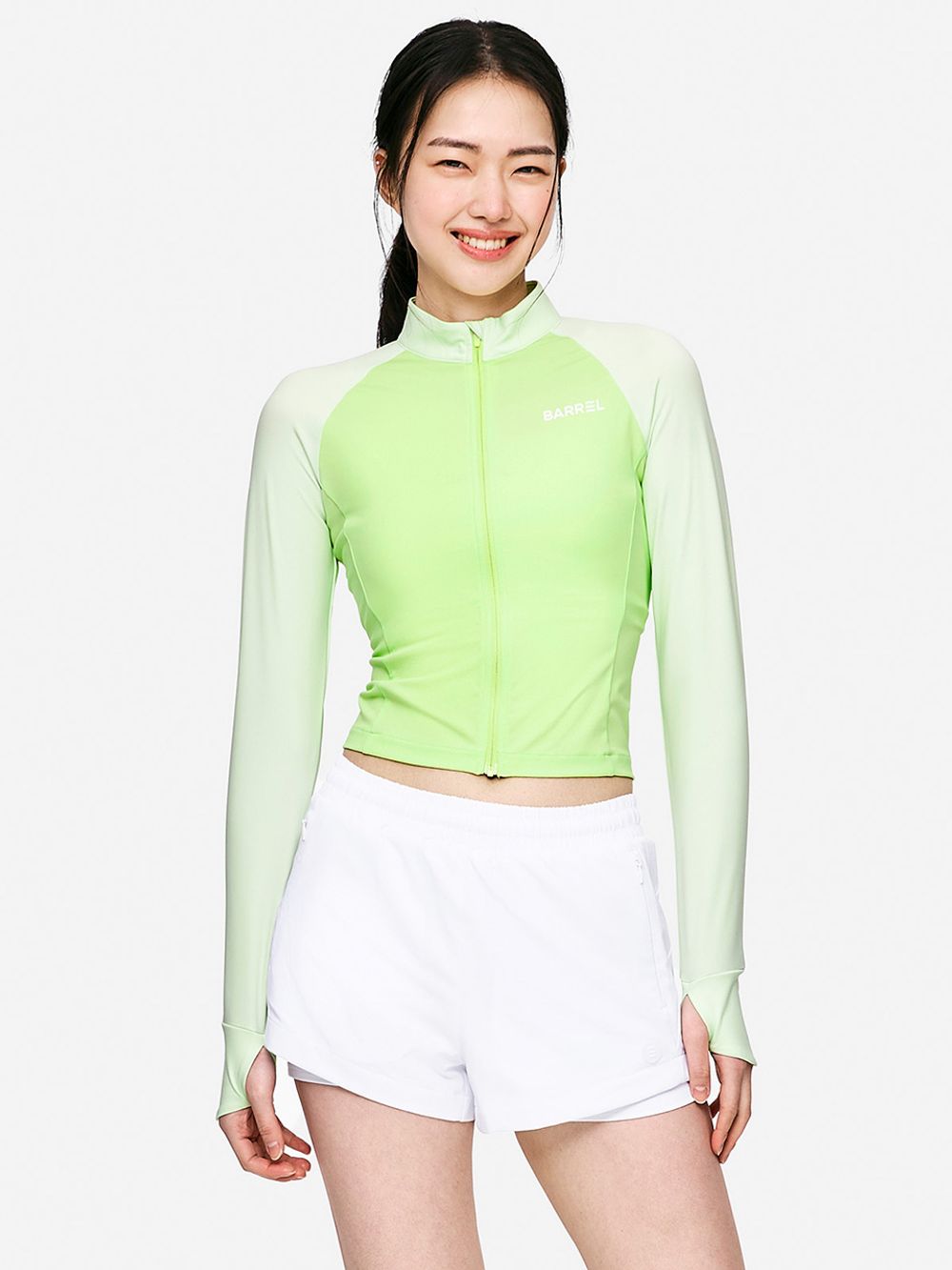 우먼 에센셜 배색 크롭 집업 래쉬가드 라임 (B5SWWCZ002LIM)
