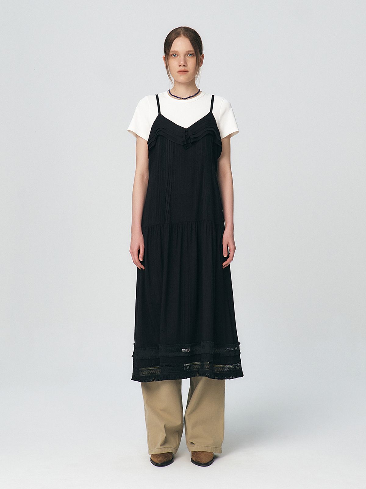 쿠메(KUMÉ) Pleated Ruffle Sleeveless Long Dress