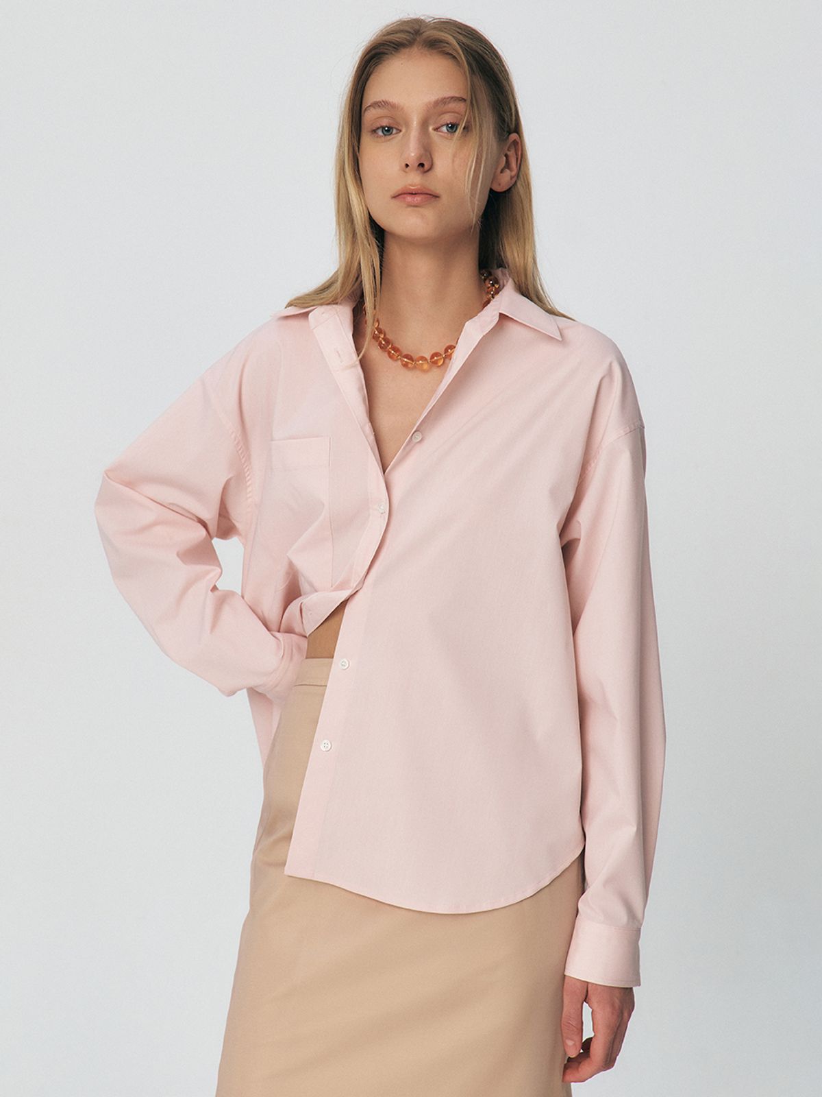 쿠메(KUMÉ) Wrinkle Free Over-Fit Shirt, Pink