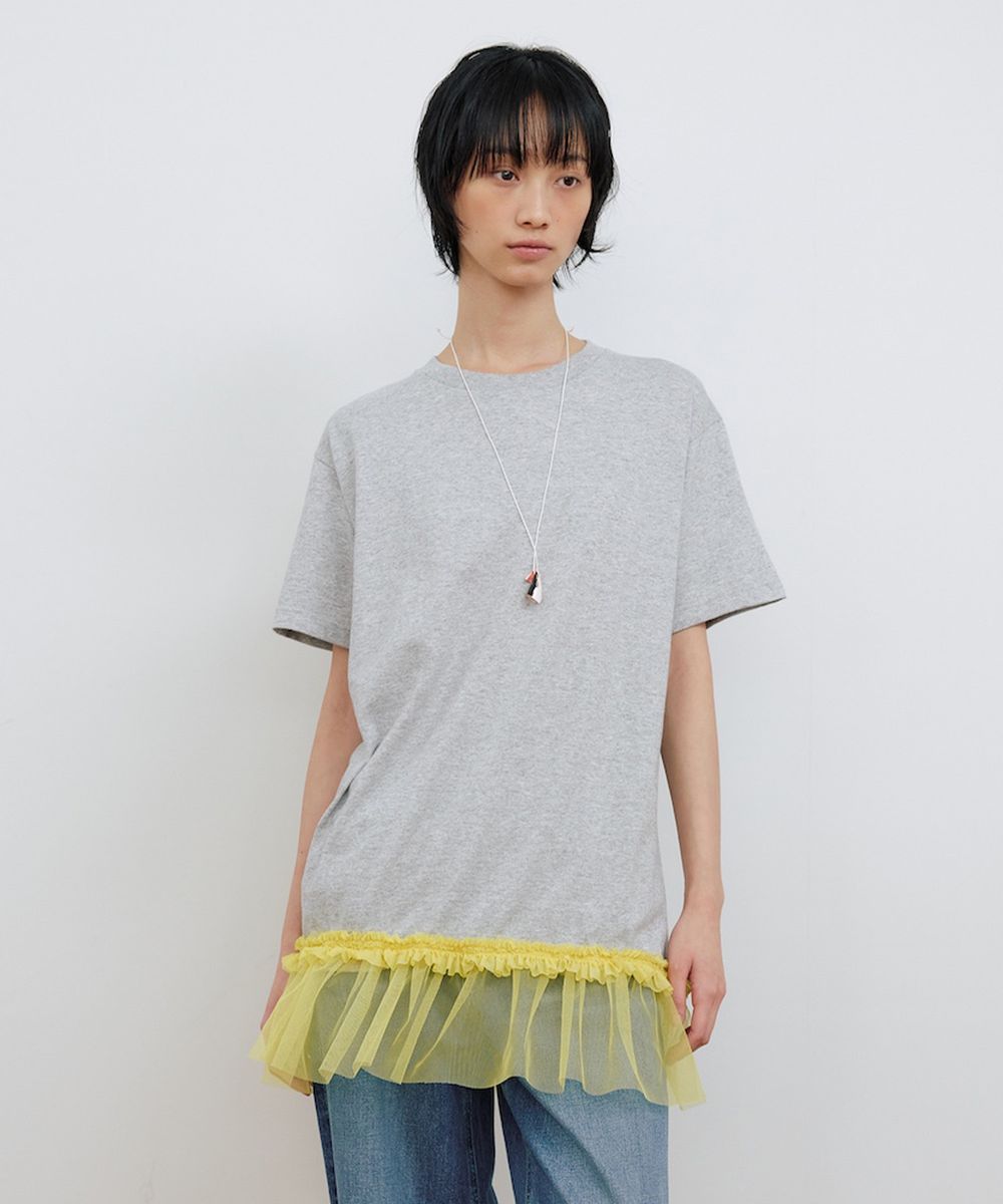 SHIRRING DETAIL T-SHIRT_GREY/YELLOW
