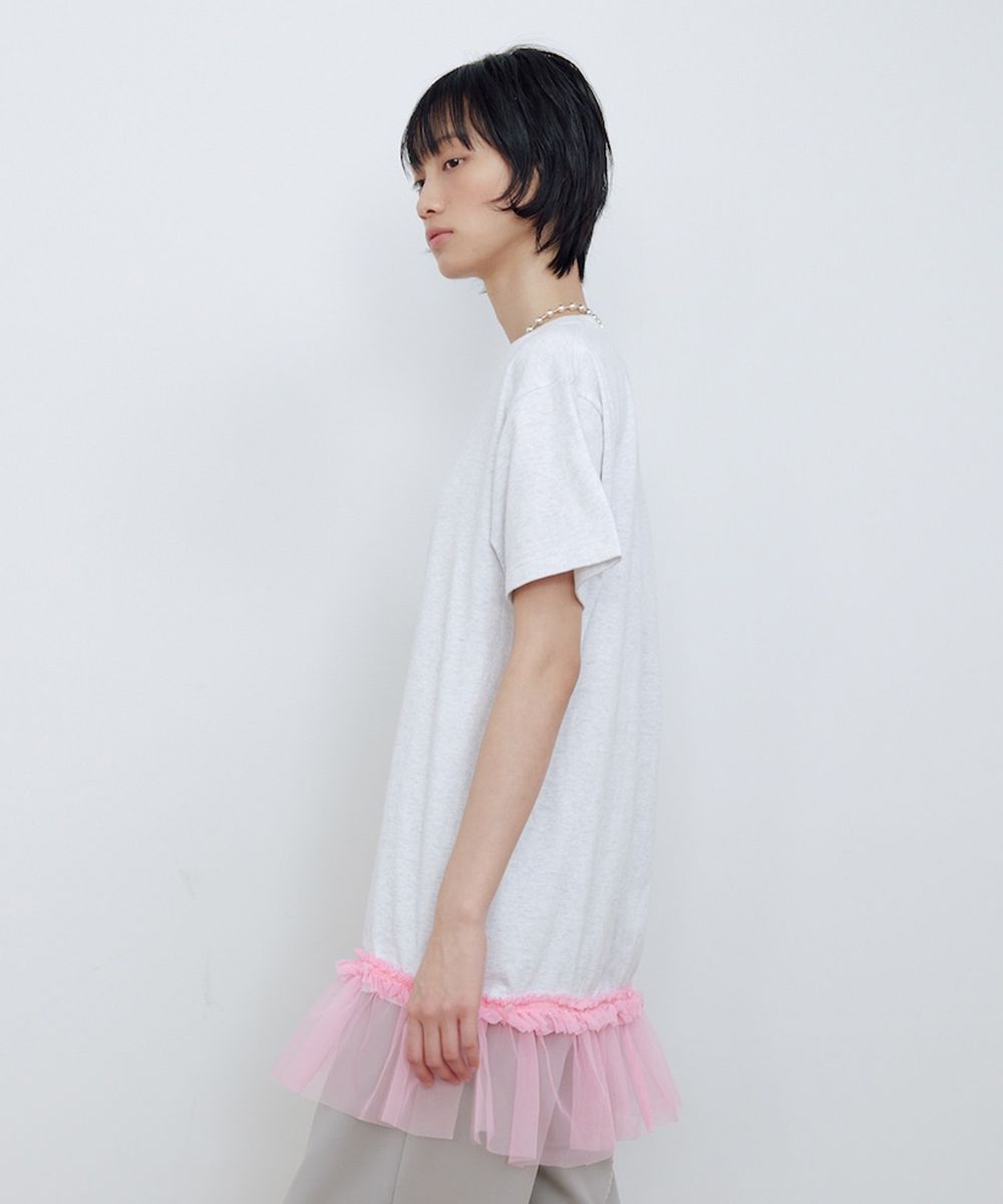 SHIRRING DETAIL T-SHIRT_MELANGE/PINK