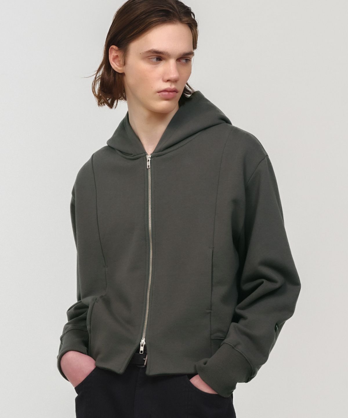 문선(MOONSUN) UNISEX, Crop Hood Zip-up / Charcoal