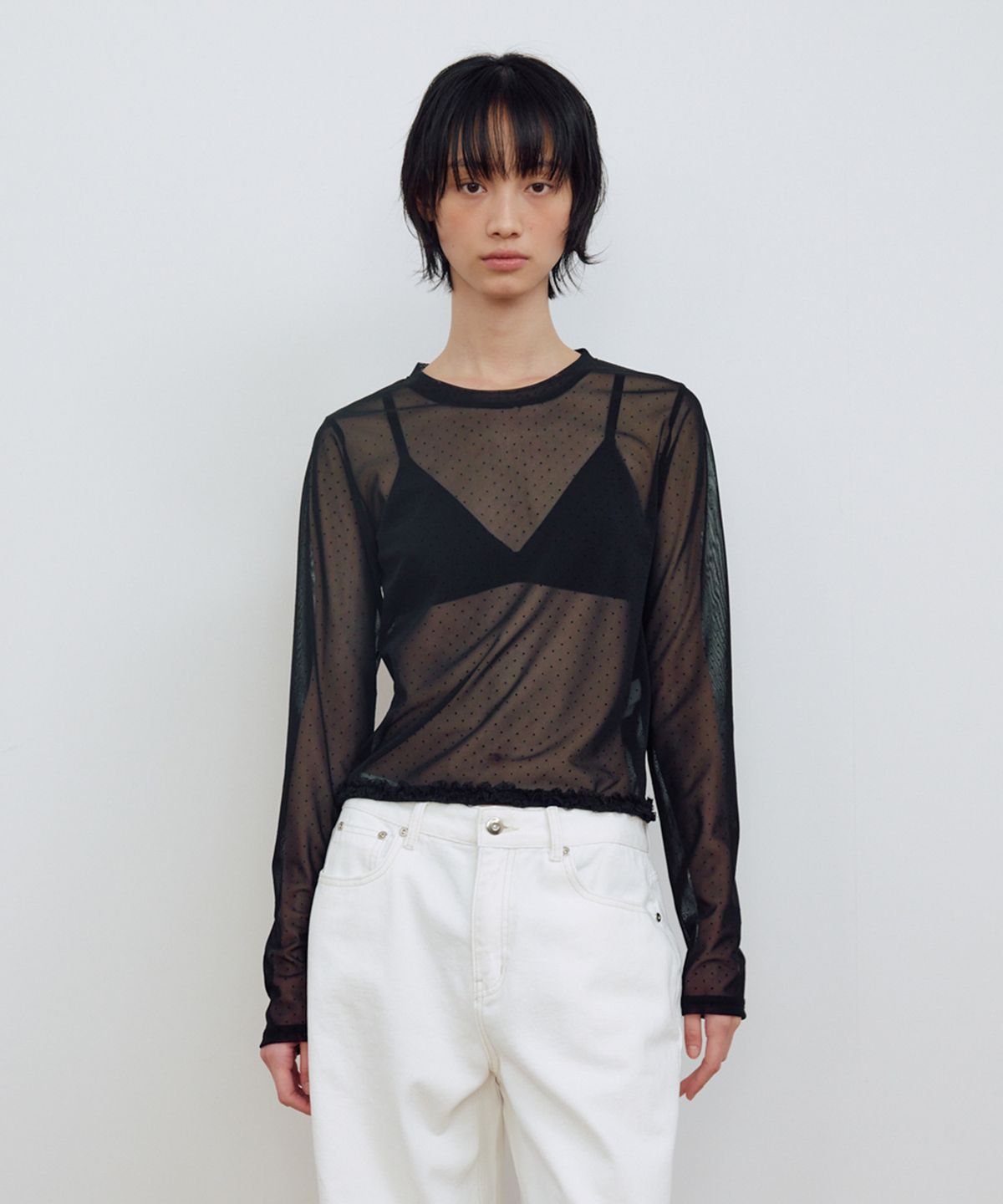 마조네(MA JOURNEE) DOT MESH SHEER LONG SLEEVE TOP_BLACK