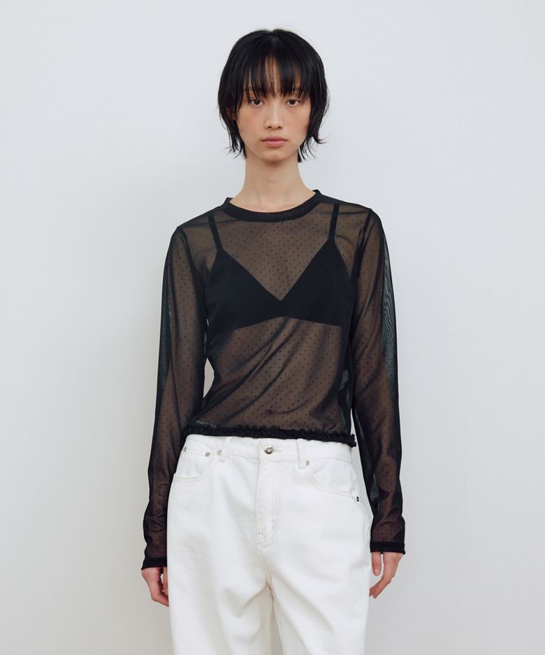 DOT MESH SHEER LONG SLEEVE TOP_BLACK