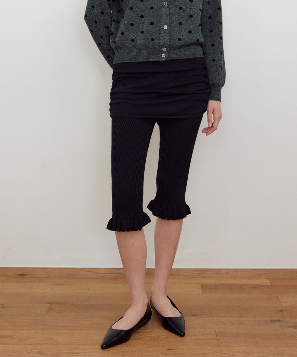 마조네(MA JOURNEE) FRILL RIBBED SKIRT PANTS_BLACK