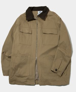 멀티 포켓 버튼 클로징 카라 배색 워크 트러커 코튼 자켓[베이지]