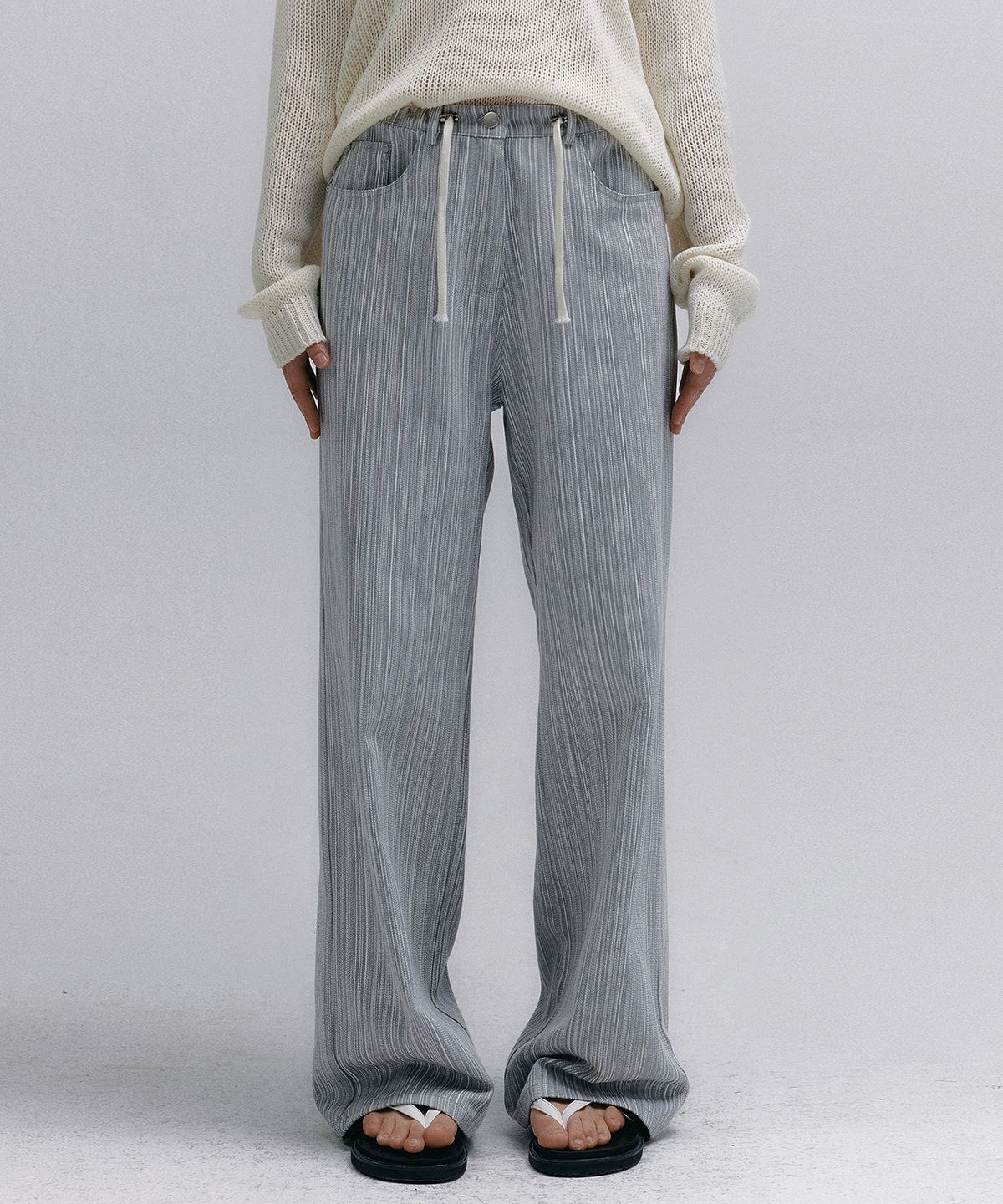 니브(NEEV) Stripe Jacquard String Denim Pants (Gray)