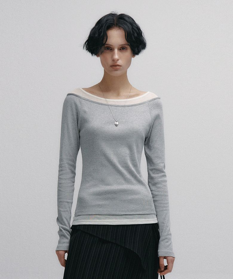 Boat Neck Layered Slim T-shirt (Gray)