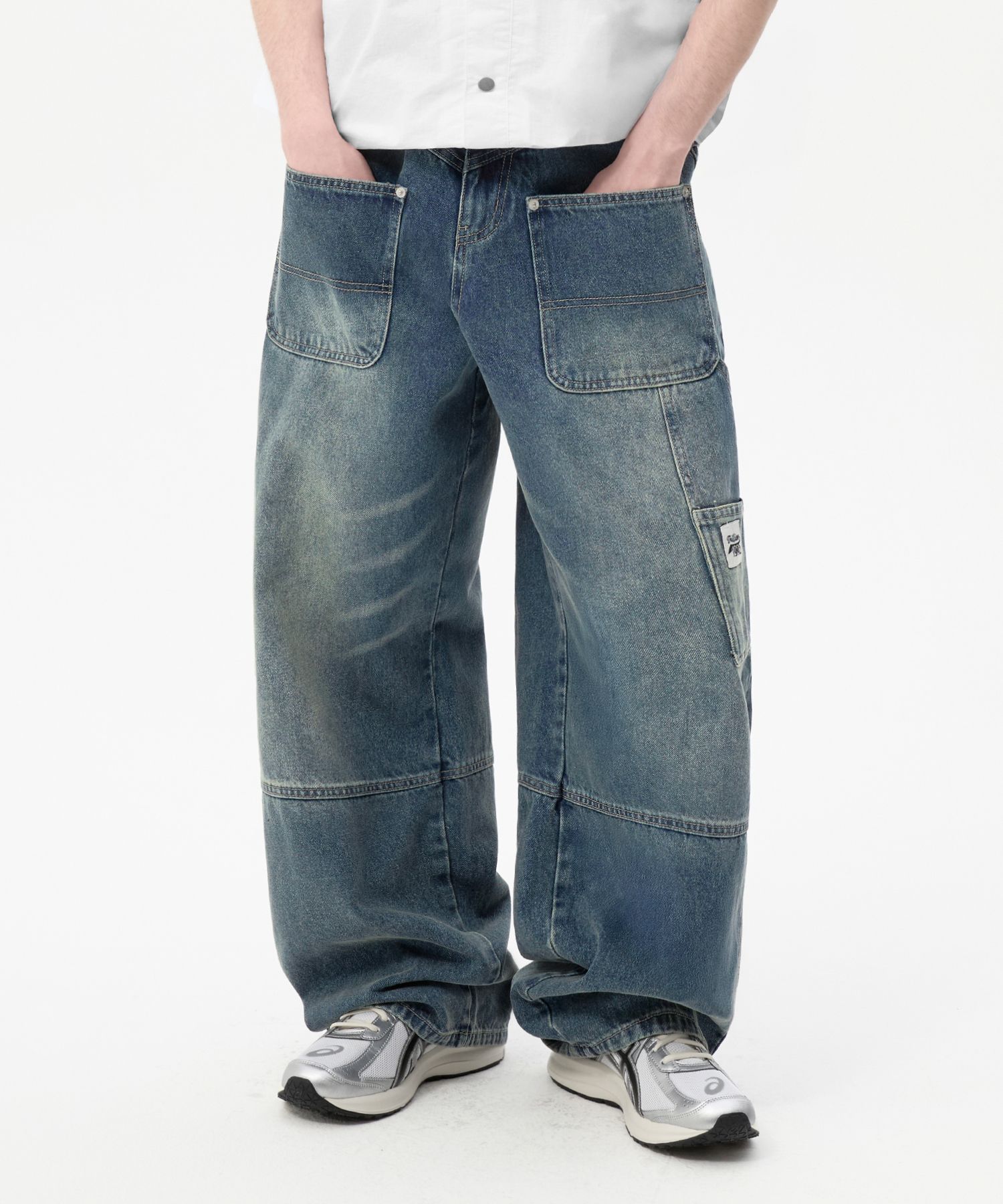 ★TRILLION★ Carpenter Destroyed Washed Denim Pants DEEP BLU MUSINSA | TRILLION Reverse Carpenter Washing Wide Denim