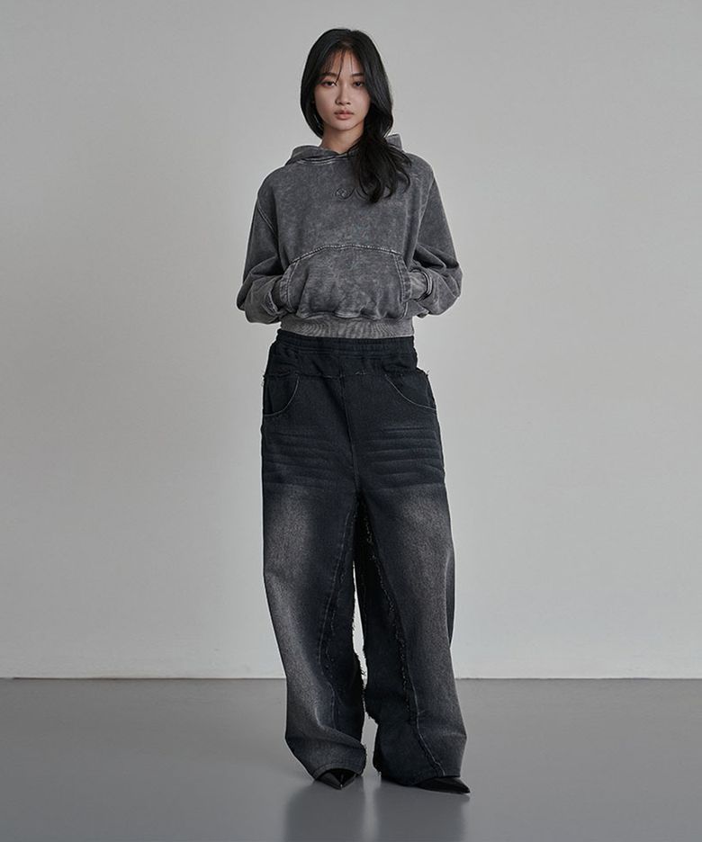 Layered Cut-up Denim Pants Black