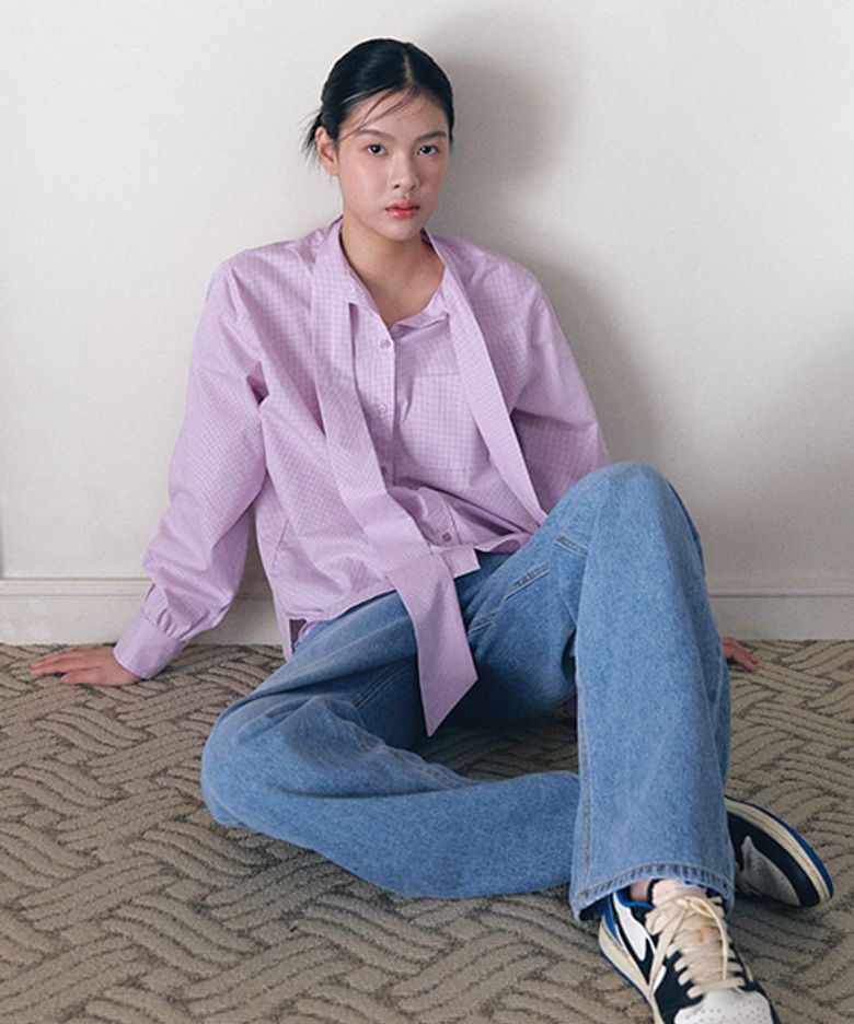 Mandarin Tie point check blouse_Light purple