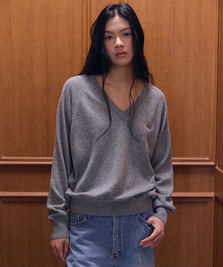 Basket v-nack wool knit_Gray