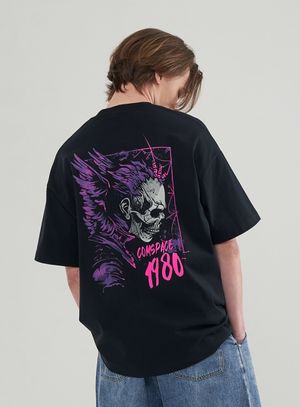 스컬 백 야광 프린트 오버핏 티셔츠_2칼라