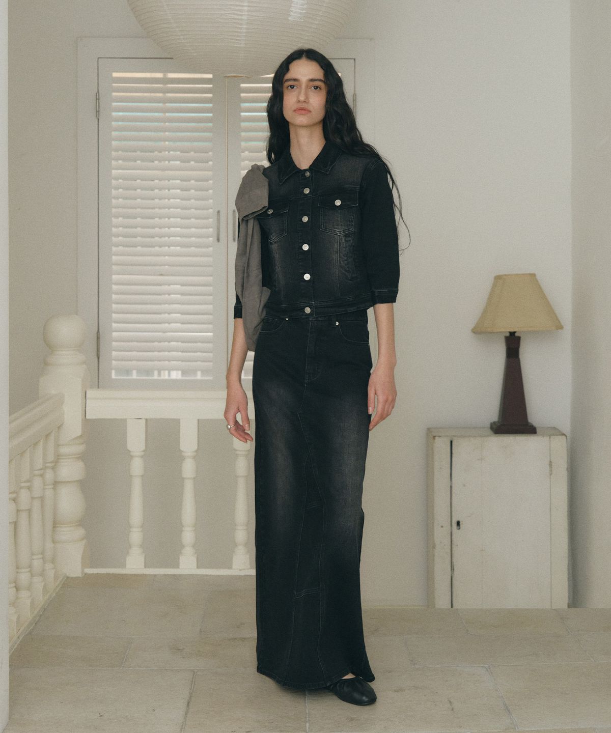 로우타이드(LOW TIDE) WASHED MAXI DENIM SKIRT [BLACK]
