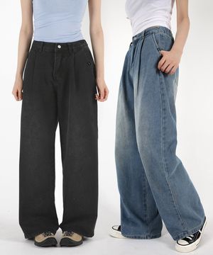 여자 원턱와이드 반밴드 데님팬츠 4COLOR