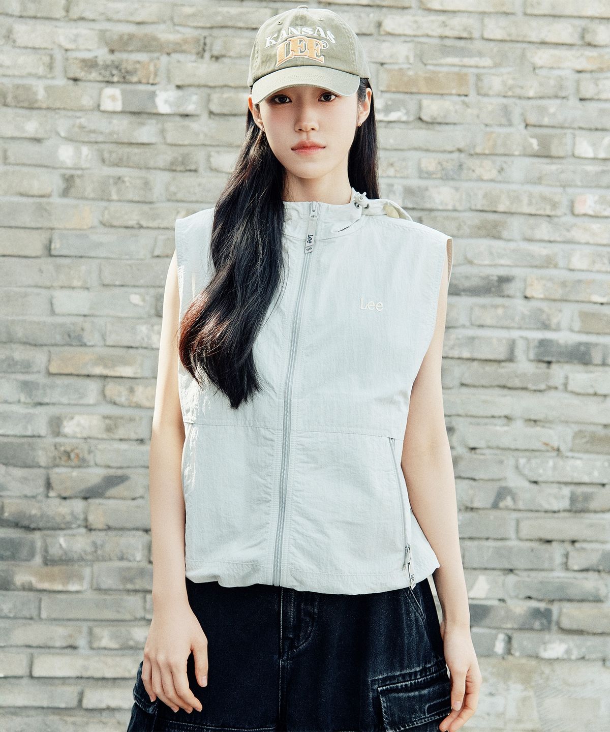 리(LEE) 나일론 후드 베스트 라이트그레이