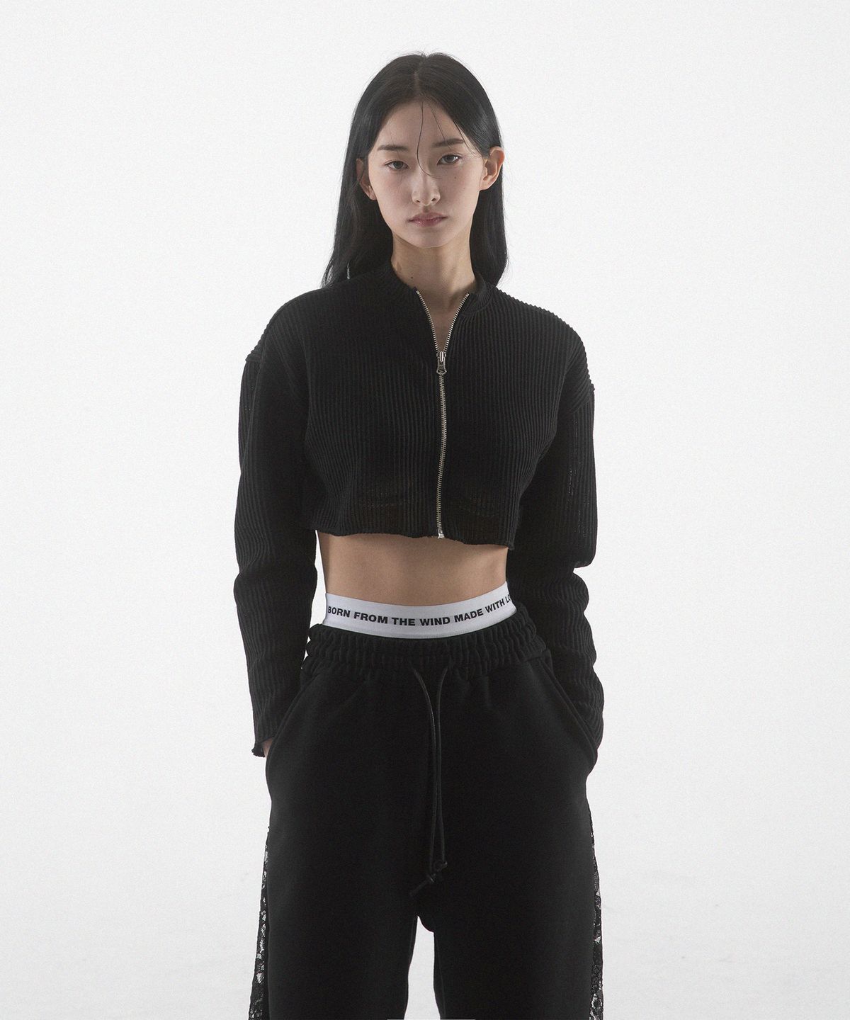 팬쇼(FANSHOW) CROP KNIT ZIP UP - BLACK