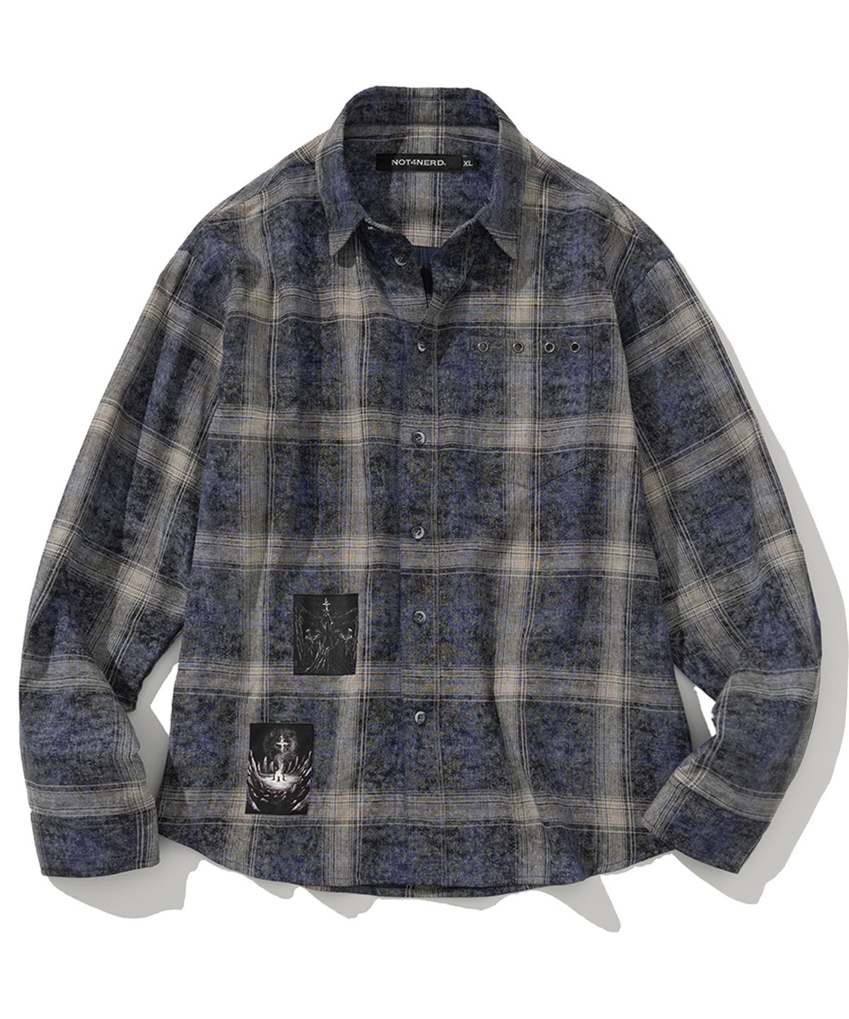낫포너드(NOT4NERD) Temple Patch Checkered Shirt - Navy