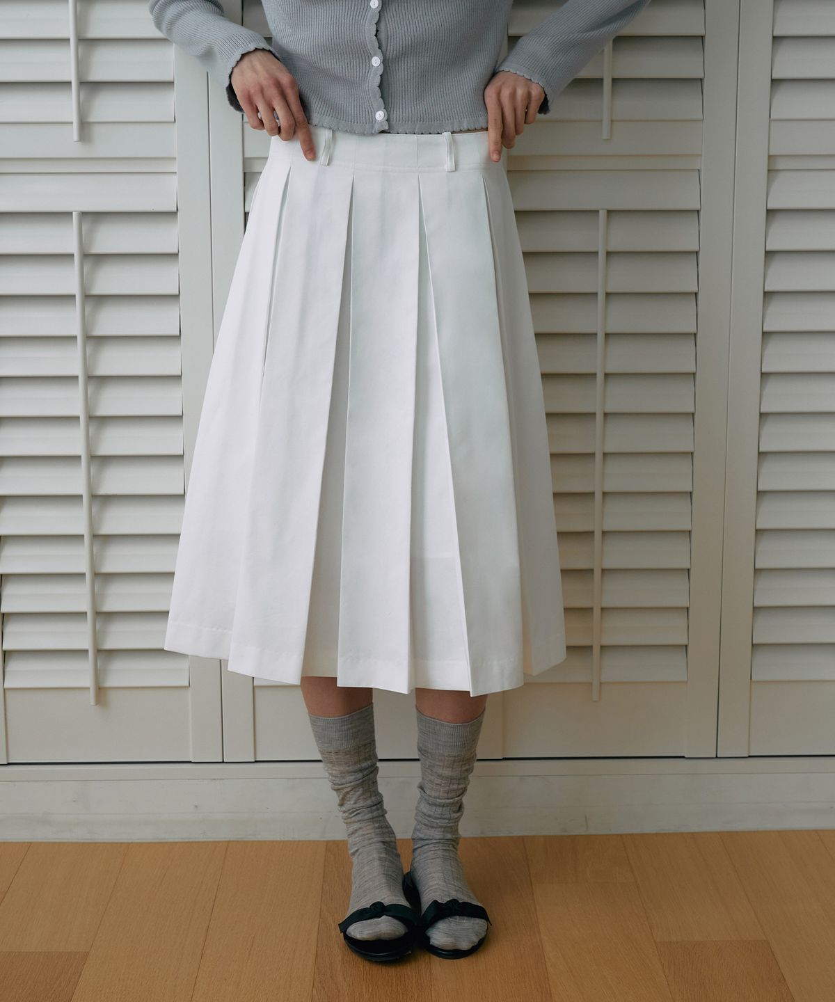 라메레이(LAMEREI) Cotton Pleats Midi Skirt[LMBESPSK5408]-Off-White