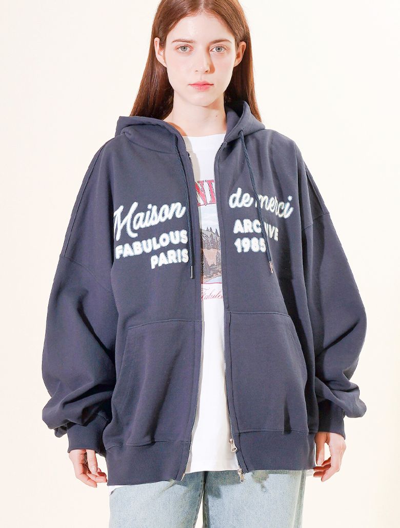 UNISEX 투톤 블러 엠보로고 후드 집업 네이비(FCF1ZP323M)
