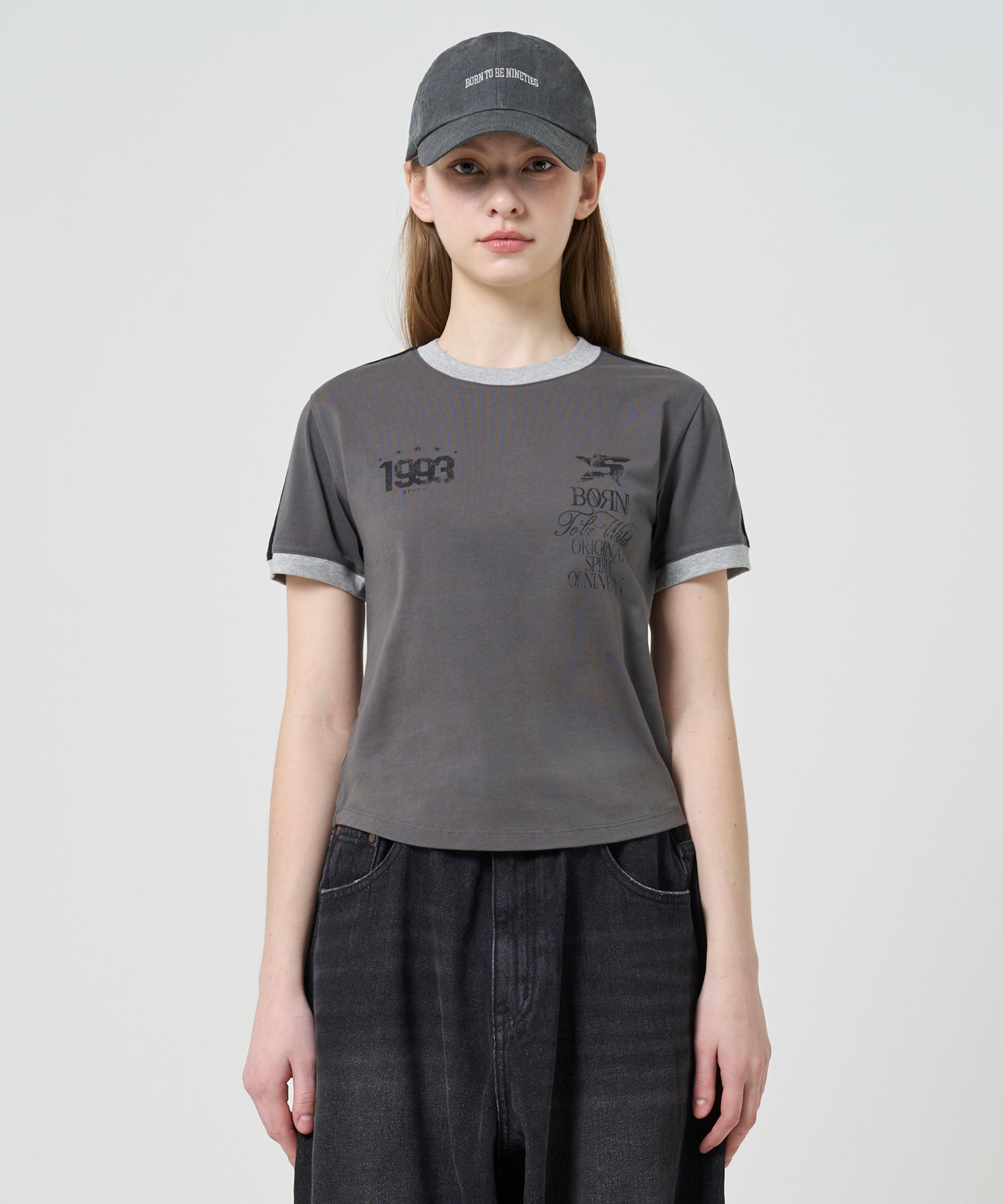 MUSINSA公式 | 1993STUDIO 93 Track Crop Ringer T-Shirt_Charcoal
