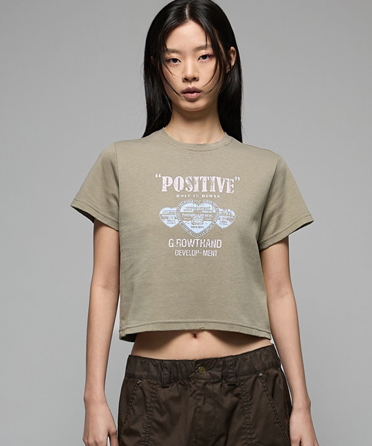 헤더헬렌(HEDER HELEN) (W) Positive damage crop half-T khaki grey