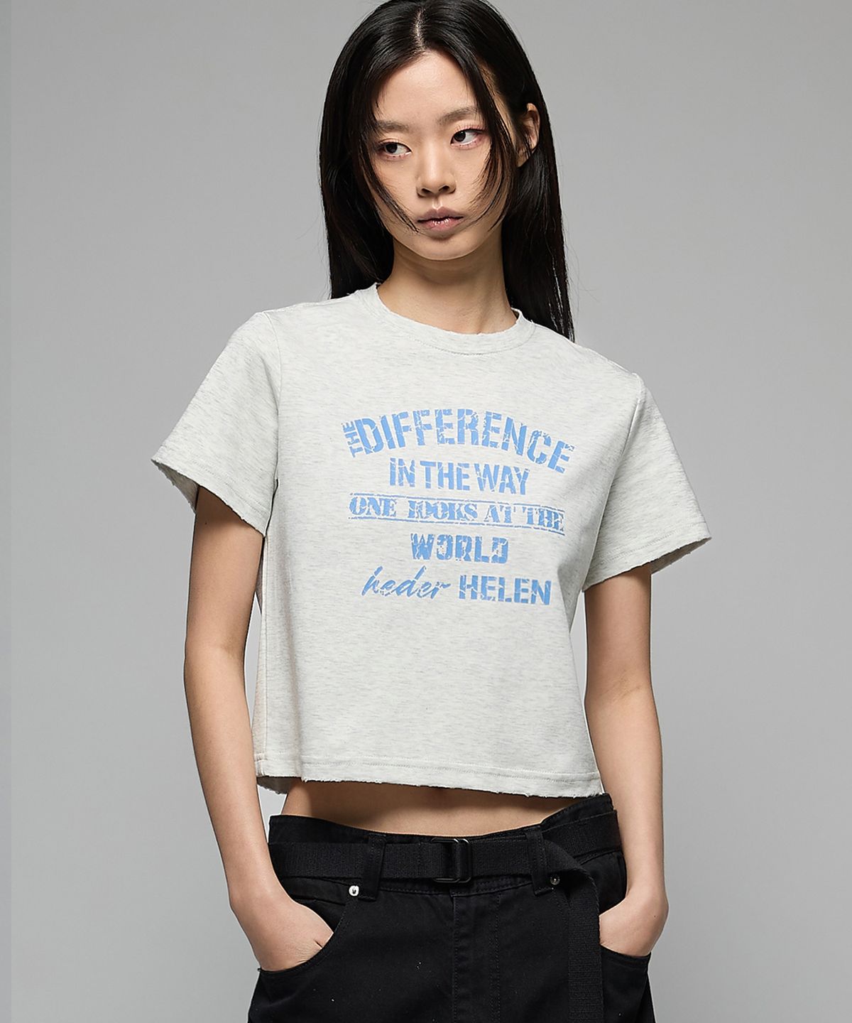 헤더헬렌(HEDER HELEN) (W) Difference damage crop half-T melange grey