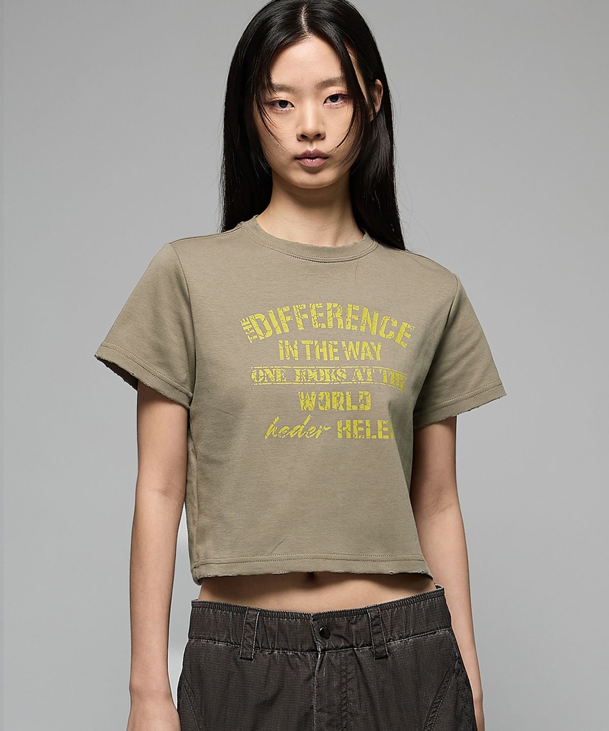 헤더헬렌(HEDER HELEN) (W) Difference damage crop half-T khaki