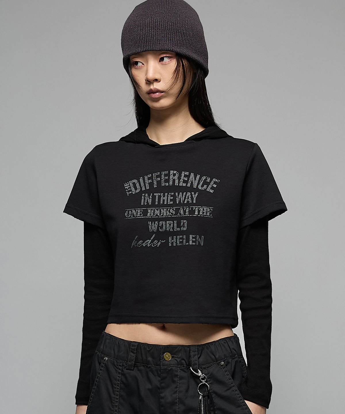 헤더헬렌(HEDER HELEN) (W) Difference damage crop half-T black