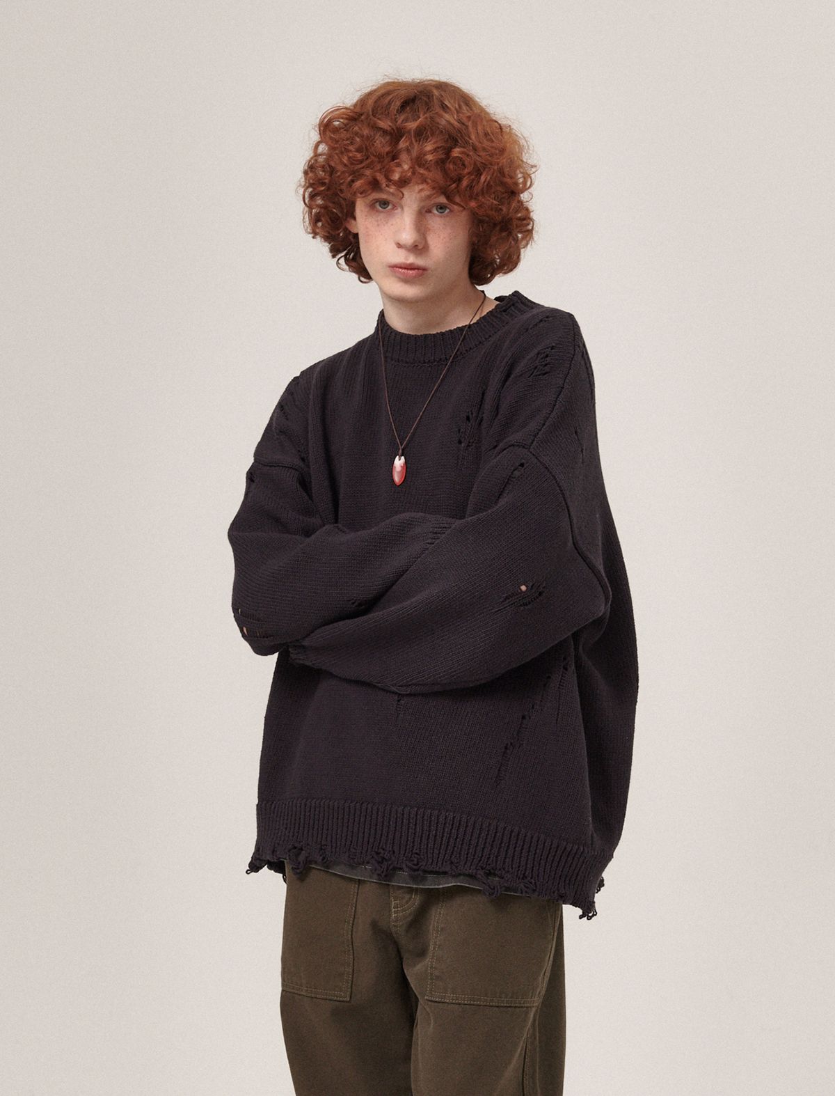 플랫웨이브 인 서울(FLATWAVE IN SEOUL) Ripsy Vintage Damaged Round Knit Dark Navy