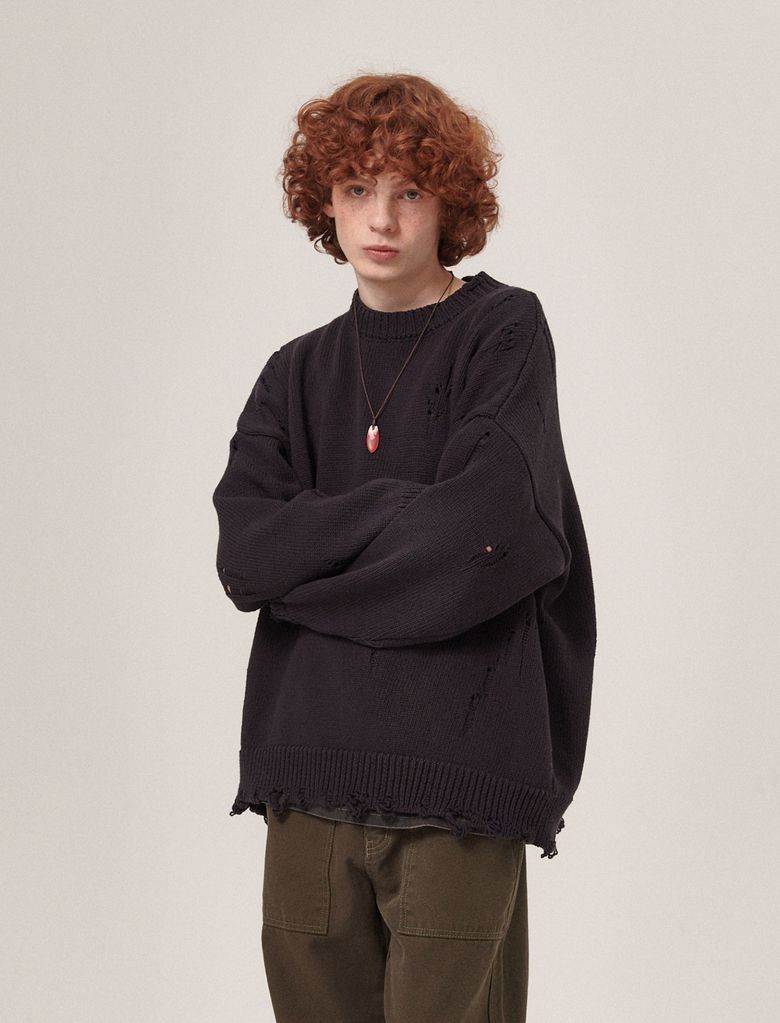 Ripsy Vintage Damaged Round Knit Dark Navy