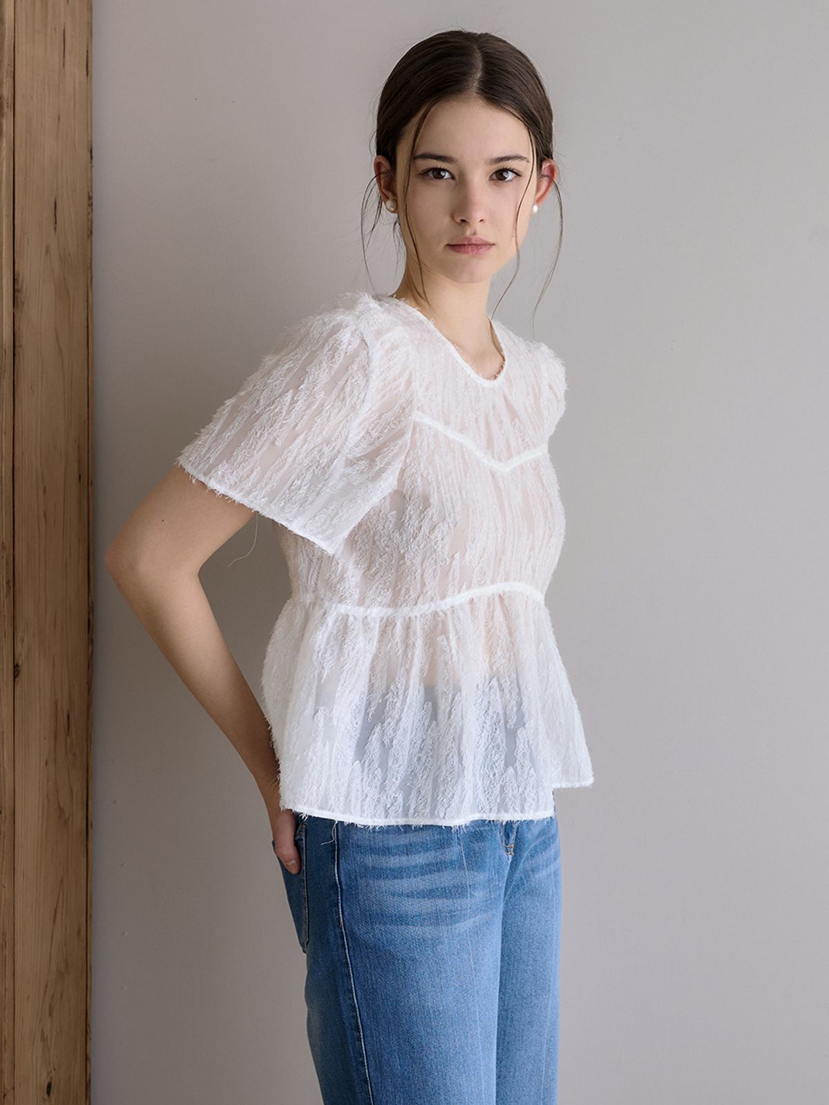로트르드민(LAUTREDE MIN) Lautre Ette ribbon New White Blouse