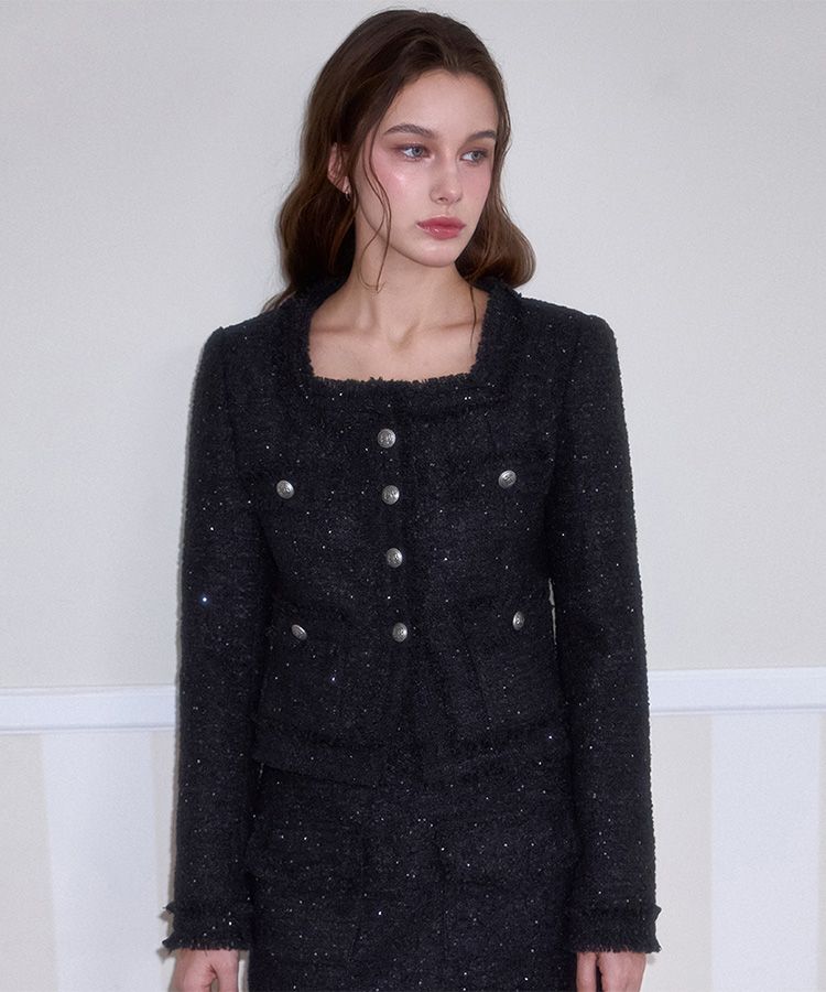 【RoseFrantz】Spangle Fringe Tweed Jacket ツイードジャケット MUSINSA | ROSÉ FRANTZ Spangle Fringe Tweed Jacket [Black]