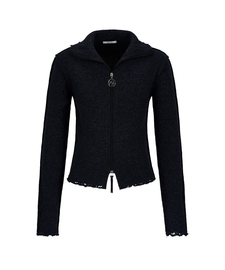 Destroyed Lip Knit Zip-Up_[Charcoal]