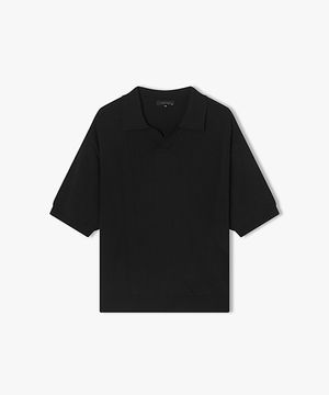 LLM51580 블랙 솔리드 오픈칼라 반팔 니트