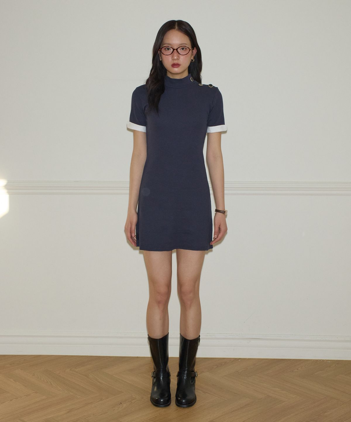 살롱 드 욘(SALON DE YOHN) Button Point Short Sleeve Mini Dress_ Navy