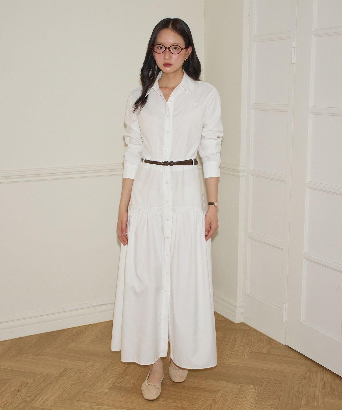 살롱 드 욘(SALON DE YOHN) Flare Long Shirt  Dress_ White