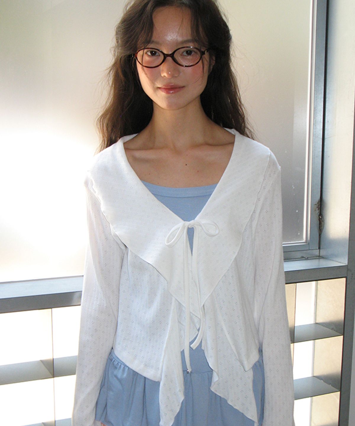 론론(RONRON) PENDANT SAILOR FRILL EYELET CARDIGAN IVORY