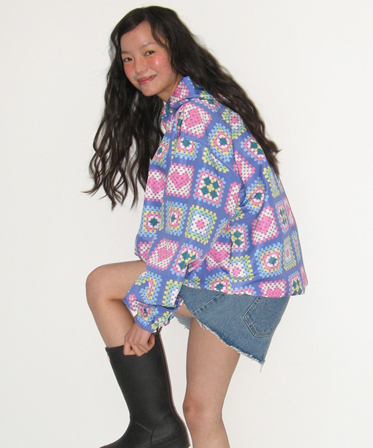 론론(RONRON) HEART CROCHET PATTERN HOODED WINDBREAKER JUMPER LIGHT PURPLE