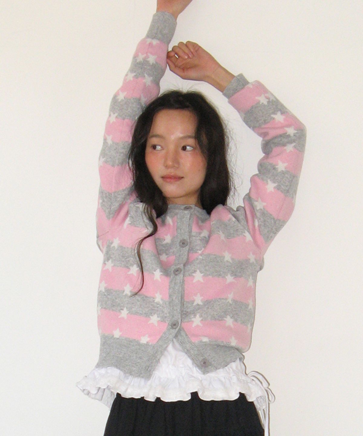 론론(RONRON) STRIPE STAR PATTERN KNIT CARDIGAN PINK GREY