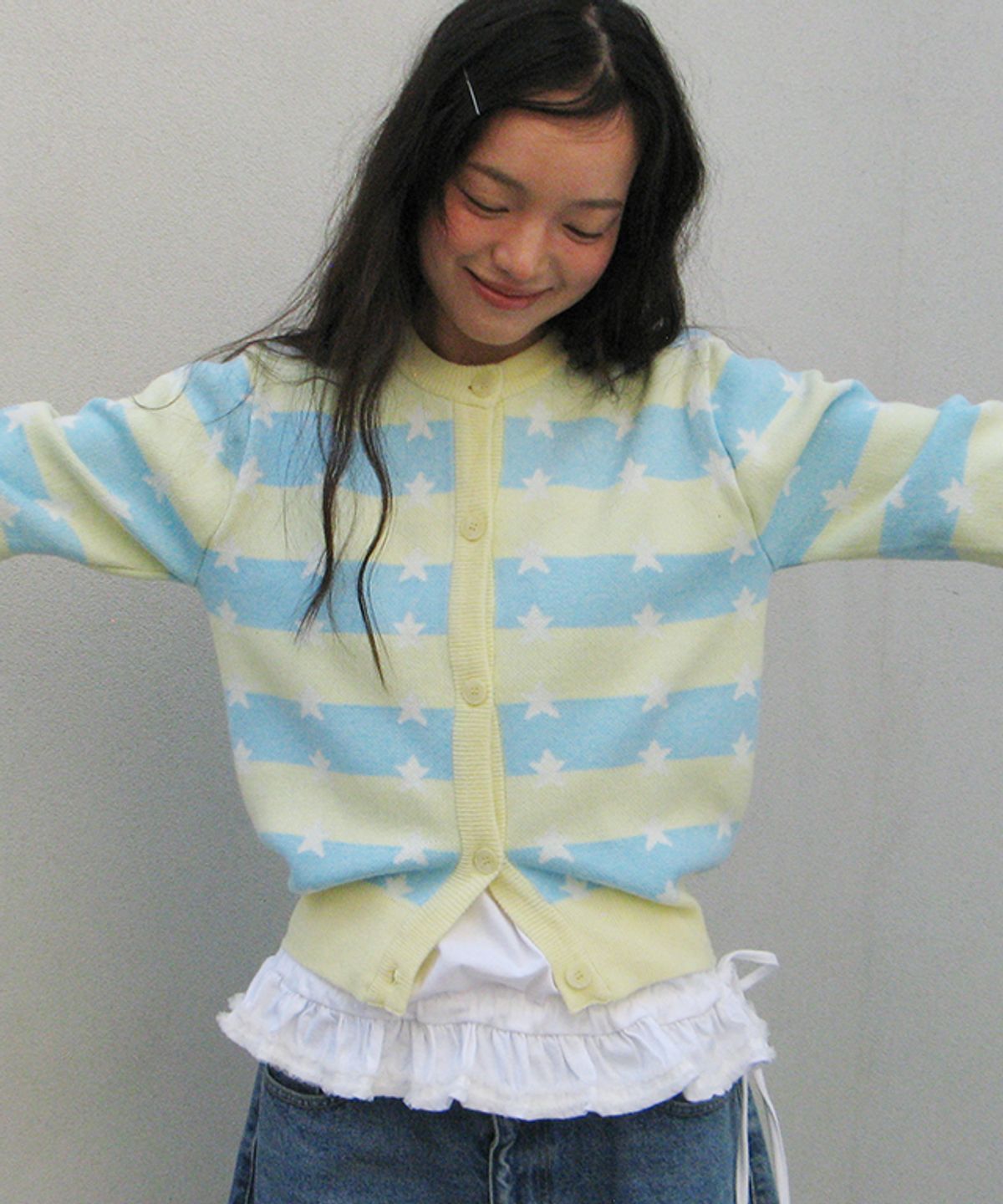 론론(RONRON) STRIPE STAR PATTERN KNIT CARDIGAN YELLOW BLUE