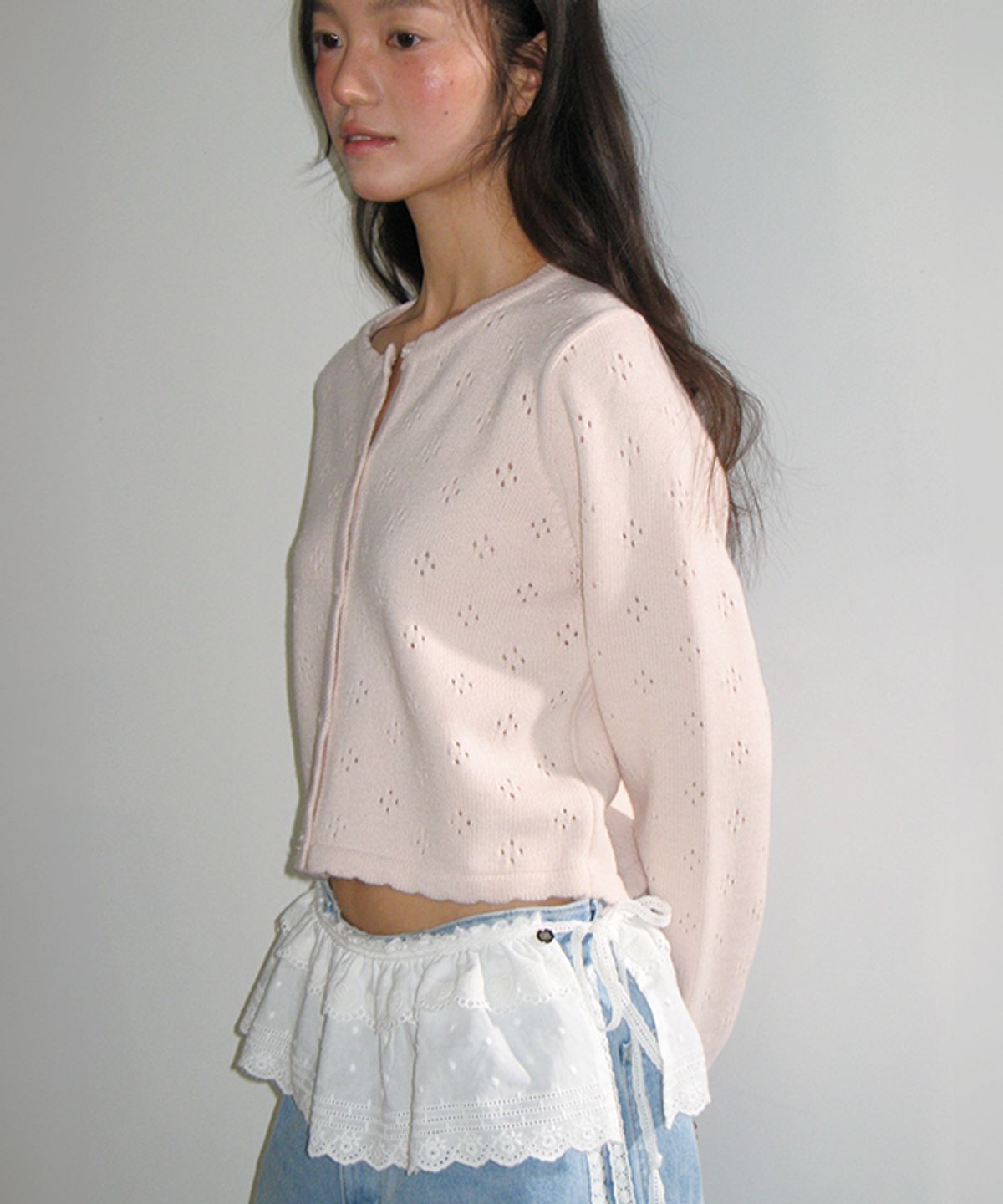 론론(RONRON) HEART BUTTON SCOTCH KNIT CARDIGAN SOFT PINK