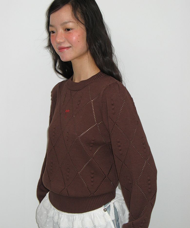 DIAMOND PATTERN LONG SLEEVE KNIT BROWN