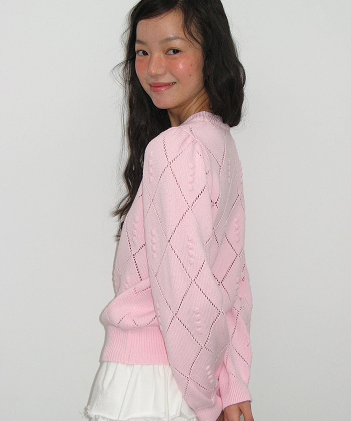 론론(RONRON) DIAMOND PATTERN LONG SLEEVE KNIT SOFT PINK