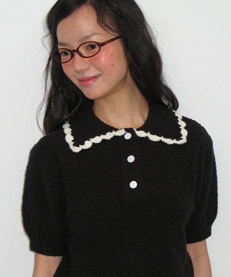 HANDMADE COLLAR SHORT SLEEVE KNIT BLACK