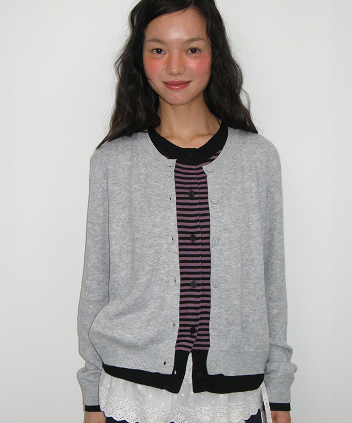 론론(RONRON) STRIPE LAYERED KNIT CARDIGAN GREY