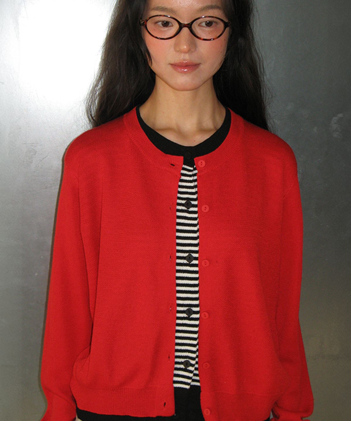 론론(RONRON) STRIPE LAYERED KNIT CARDIGAN RED