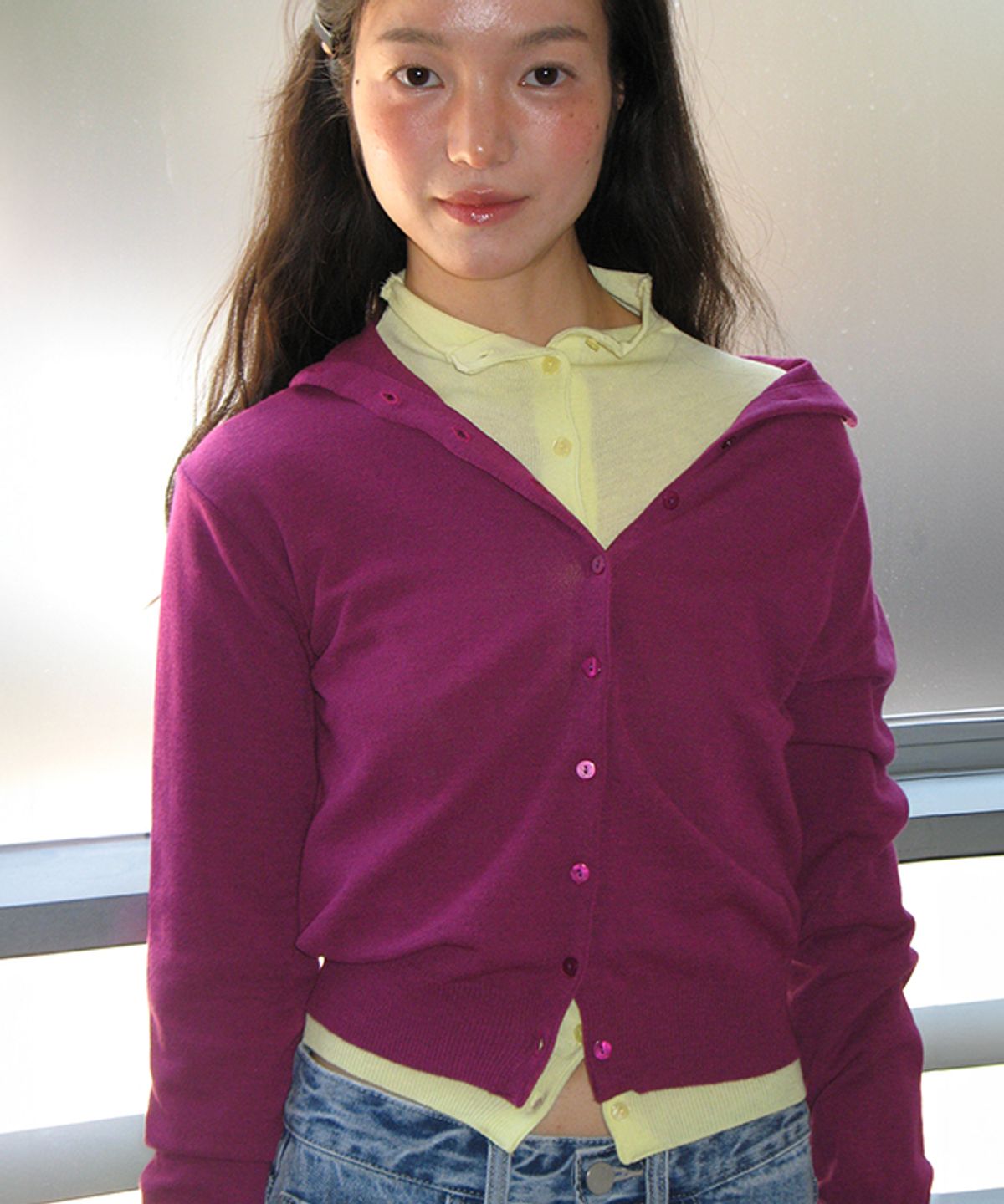 론론(RONRON) BACK LABEL SLIMFIT KNIT CARDIGAN PURPLE